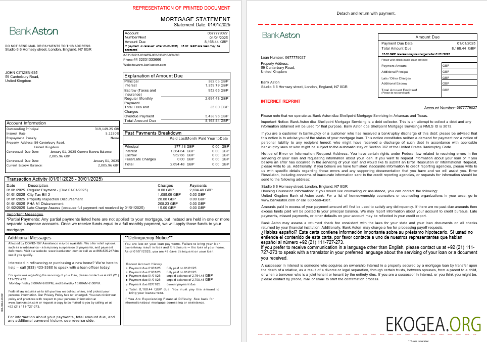 Relevé hypothécaire bancaire de la Bank of Aston du Royaume , Uni aux formats Word et PDF, 3 pages 1 , 2